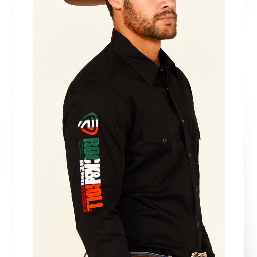 Rock & Roll Denim Western Shirt Mens Small Black Snap Logo Sleeve NEW!